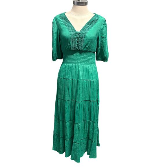 J Gee Green Floral Boho Maxi Dress Short Sleeve Size Small Petite‎ Sundress - Picture 1 of 14